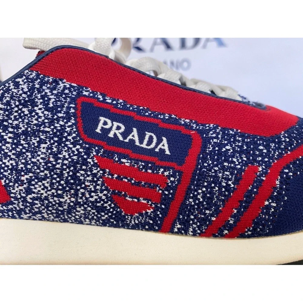 PRADA 2EG272 RED‎ BLUE FABRIC TRAINERS KNIT LOGO LACE UP SNEAKERS UK 7